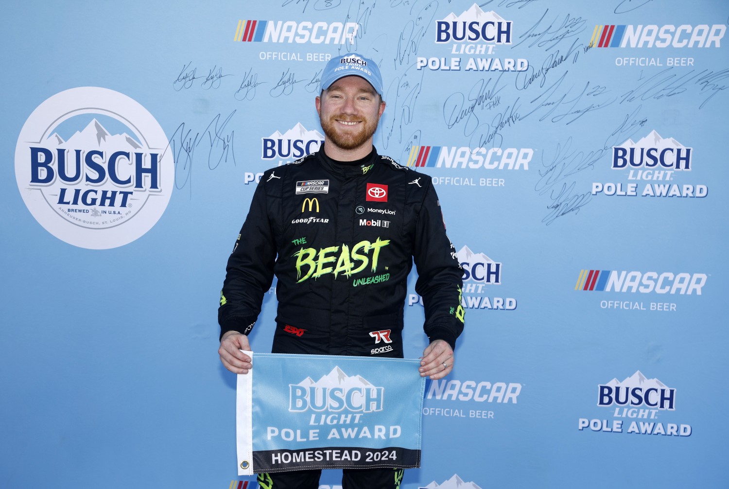 Tyler Reddick, driver of the #45 The Beast Killer Sunrise Toyota, poses for photos after winning the pole award during qualifying for the the NASCAR Cup Series Straight Talk Wireless 400 at Homestead-Miami Speedway on October 26, 2024 in Homestead, Florida. (Photo by Sean Gardner/Getty Images)