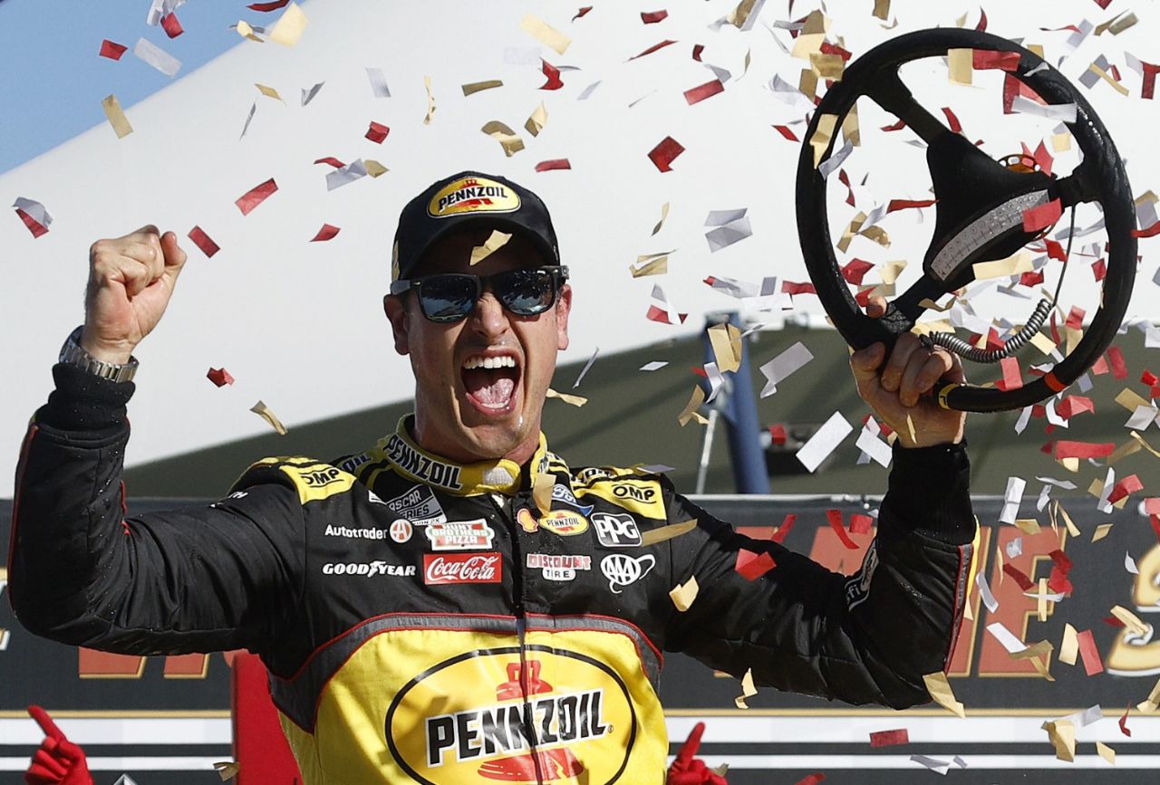 Joey Logano, driver of the #22 Pennzoil Ford, celebrates in victory lane after winning the NASCAR Cup Series South Point 400 at Las Vegas Motor Speedway on October 20, 2024 in Las Vegas, Nevada. (Photo by Sean Gardner/Getty Images)