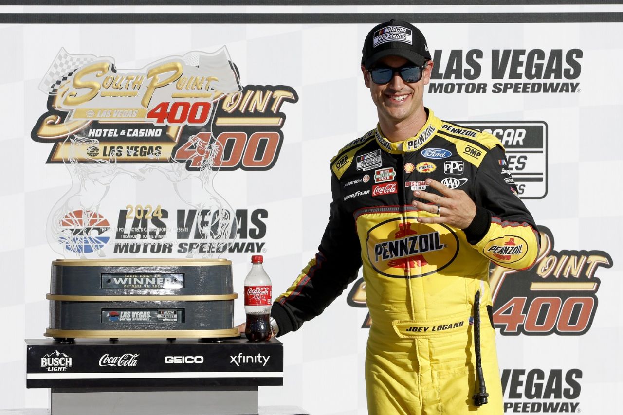 Joey Logano, driver of the #22 Pennzoil Ford, celebrates in victory lane after winning the NASCAR Cup Series South Point 400 at Las Vegas Motor Speedway on October 20, 2024 in Las Vegas, Nevada. (Photo by Sean Gardner/Getty Images)