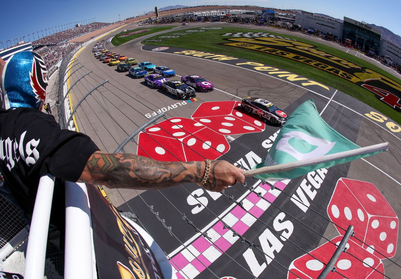 Christopher Bell, driver of the #20 Rheem Toyota, leads the field to the green flag to start the NASCAR Cup Series South Point 400 at Las Vegas Motor Speedway on October 20, 2024 in Las Vegas, Nevada. (Photo by Meg Oliphant/Getty Images)