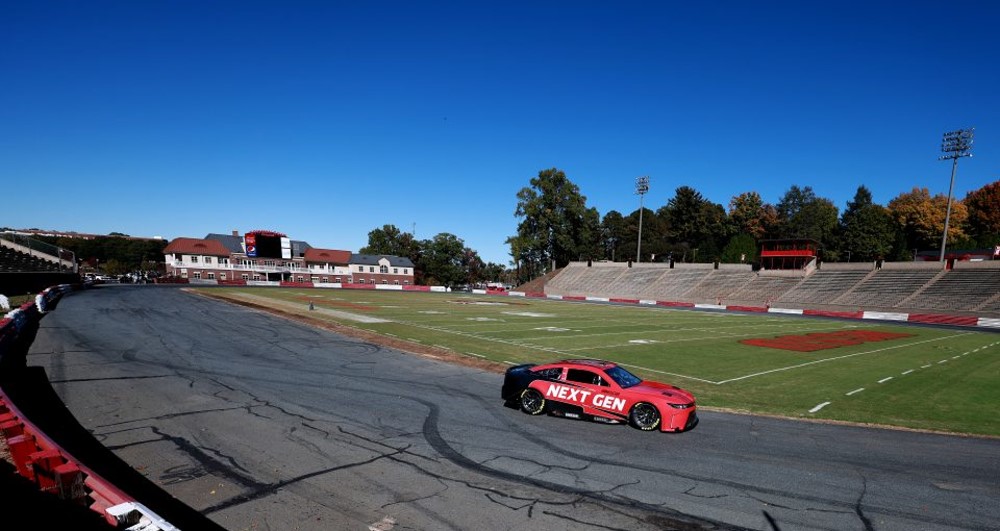 Dale Earnhardt Jr. drives the NASCAR Next Gen car around the track at Bowman Gray Stadium during a testing session on October 26, 2021 in Winston Salem, North Carolina. (Photo by Grant Halverson/Getty Images for NASCAR)