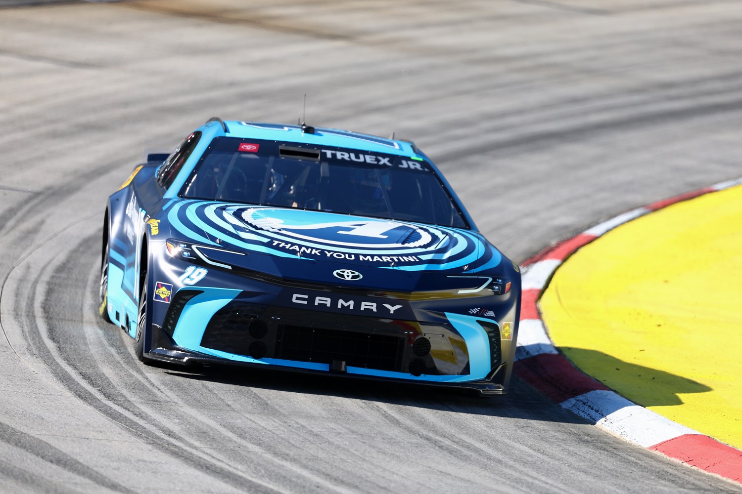 Martin Truex Jr., driver of the #19 Auto-Owners Insurance/Thank You Martin Toyota, drives during practice for the NASCAR Cup Series Xfinity 500 at Martinsville Speedway on November 02, 2024 in Martinsville, Virginia. (Photo by David Jensen/Getty Images)