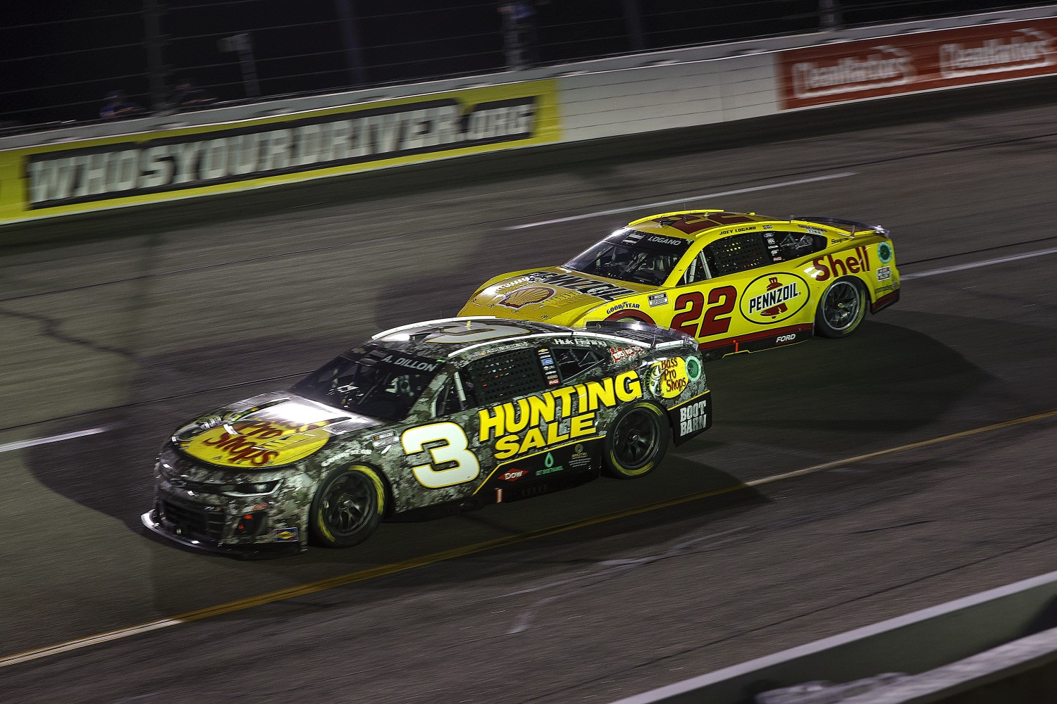 Austin Dillon, driver of the #3 Bass Pro Shops Chevrolet, and Joey Logano, driver of the #22 Shell Pennzoil Ford, race during the NASCAR Cup Series Cook Out 400 at Richmond Raceway on August 11, 2024 in Richmond, Virginia. (Photo by Sean Gardner/Getty Images)