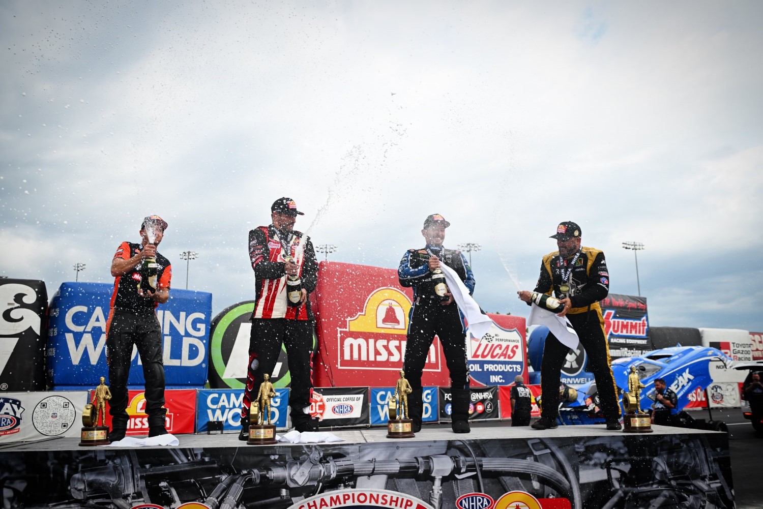 Jack Beckman won in Funny Cars, Tony Schumacher in Top Fuel, Dallas Glenn won in Pro Stock, and Gaige Herrera in Bikes at the NHRA Midwest Nationals at the World Wide Technology Raceway.