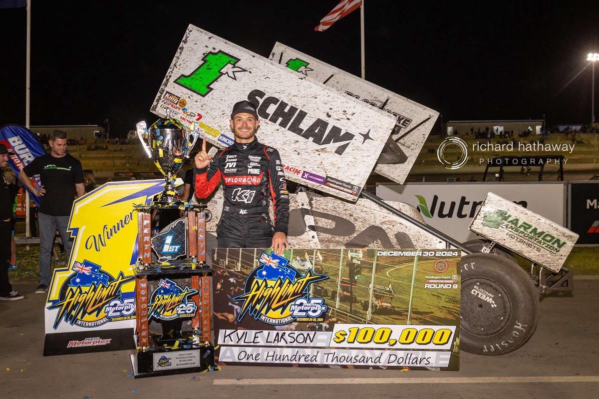 Kyle Larson takes home the $100,000 check on night 3 in Perth. Richard Hathaway photo for High Limit Racing