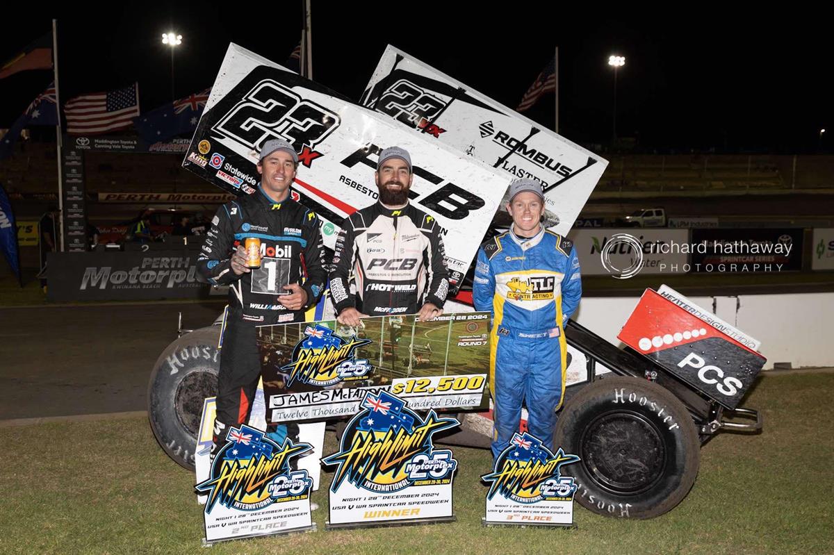 Top-3 finishers in Perth Australia - Race 1. L to R: Williamson, McFadden and Sweet. Photo Credit - Richard Hathaway Photography for the High Limit Racing Series