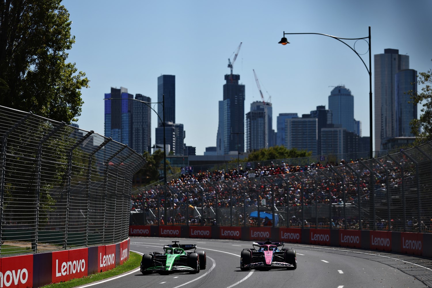 Nico Hulkenberg of Germany driving the (27) Kick Sauber C45 Ferrari leads Pierre Gasly of France driving the (10) Alpine F1 A525 Renault on track during practice ahead of the F1 Australian GP at Albert Park Grand Prix Circuit on March 14, 2025 in Melbourne, Australia. (Photo by Zak Mauger/LAT Images for Pirelli)