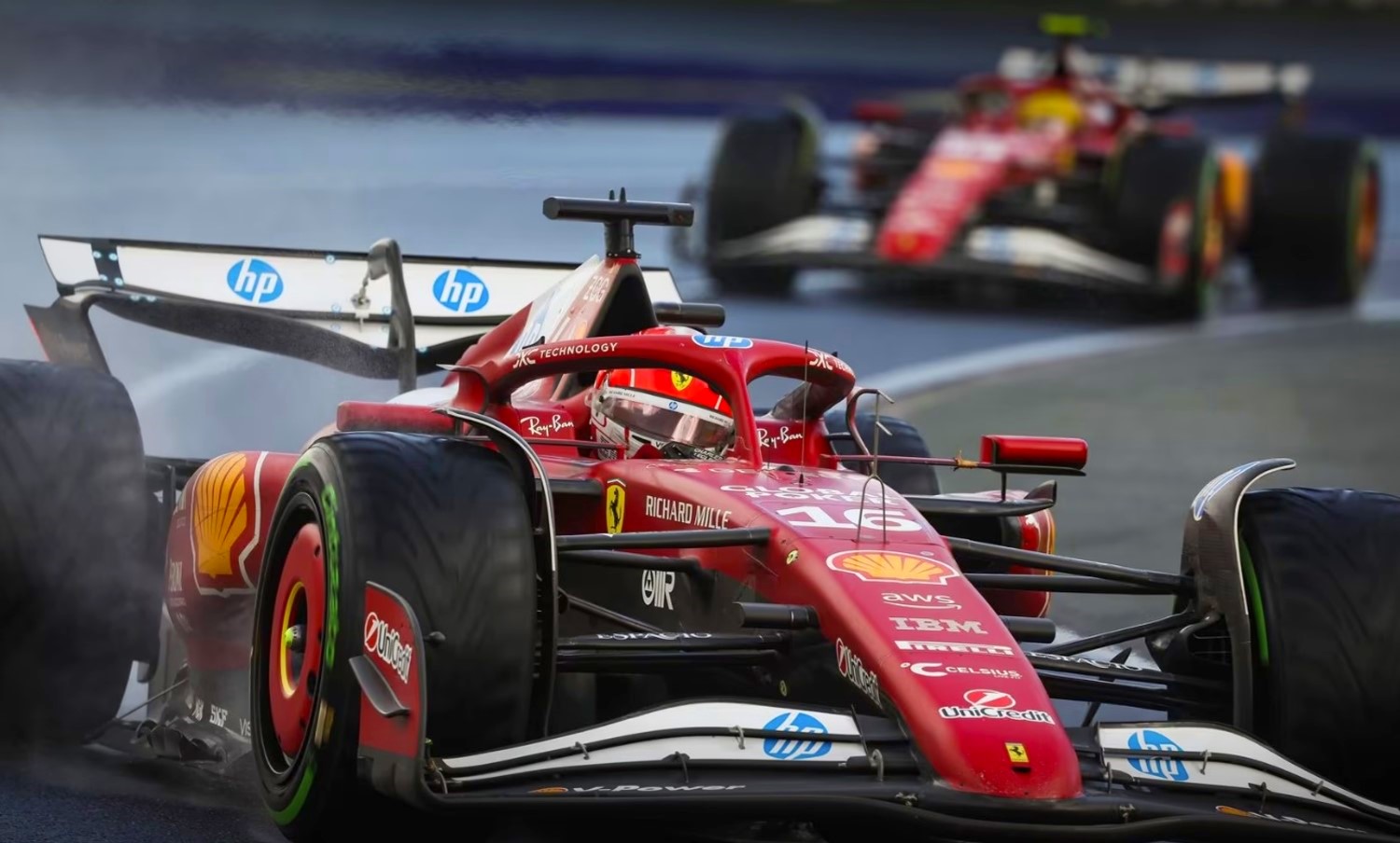 2025 Australian GP - Charles Leclerc schooled teammate Lewis Hamilton all weekend, and in the race in the rain, passed him around the outside in the rain. Photo courtesy of Ferrari