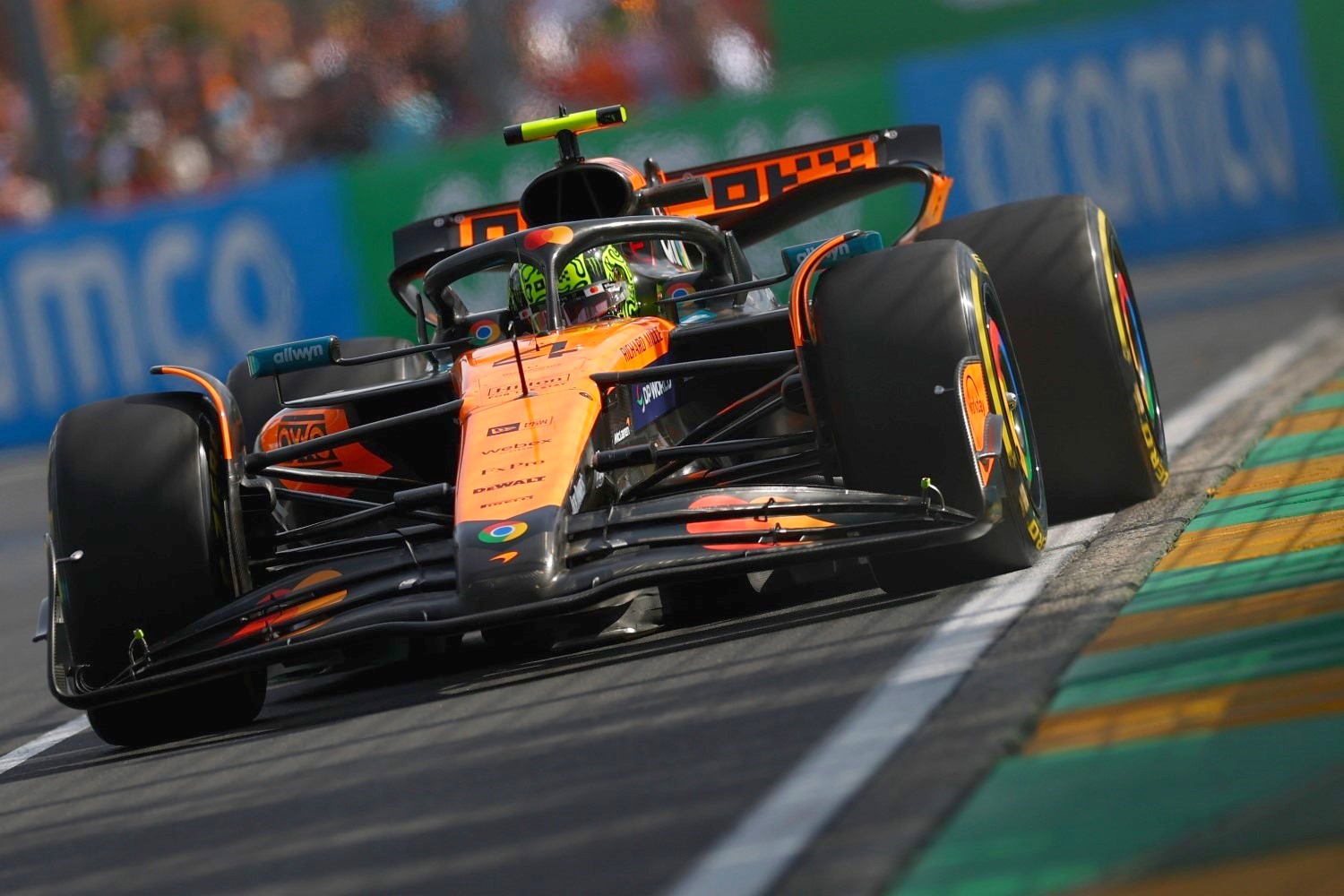 Lando Norris of Great Britain driving the (4) McLaren MCL39 Mercedes on track during practice ahead of the F1 Grand Prix of Australia at Albert Park Grand Prix Circuit on March 14, 2025 in Melbourne, Australia. (Photo by Clive Rose/Getty Images for McLaren)