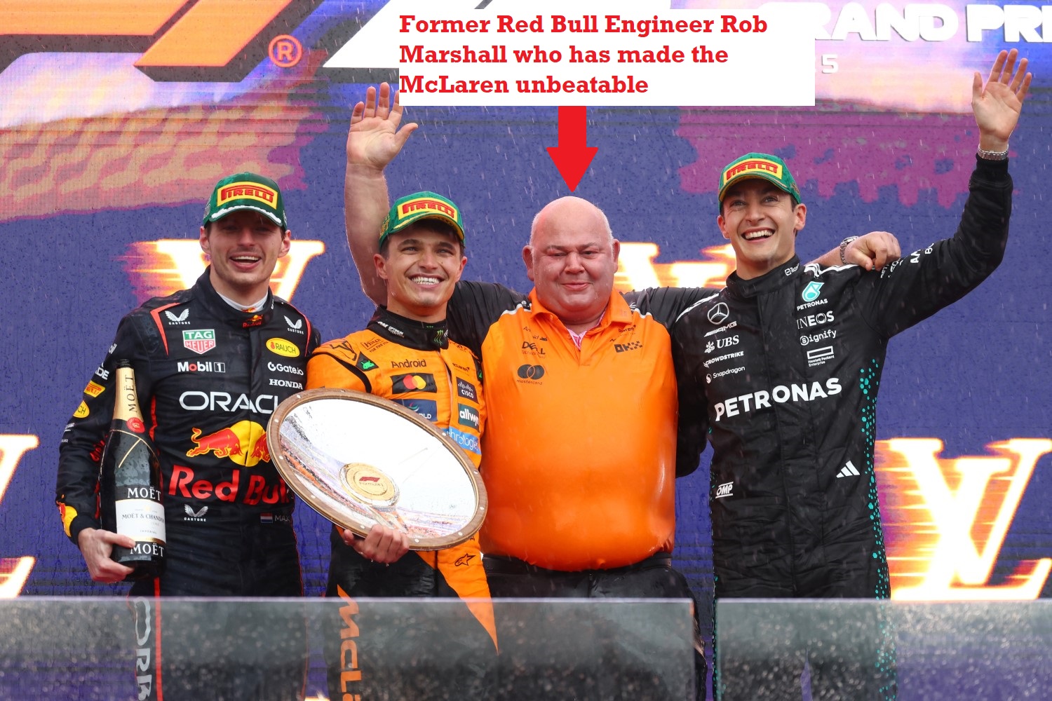 Second placed Max Verstappen of the Netherlands and Oracle Red Bull Racing Race winner Lando Norris of Great Britain and McLaren Rob Marshall, Chief Designer of McLaren and Third placed George Russell of Great Britain and Mercedes AMG Petronas F1 Team on the podium during the F1 Grand Prix of Australia at Albert Park Grand Prix Circuit on March 16, 2025 in Melbourne, Australia. (Photo by Clive Rose/Getty Images)