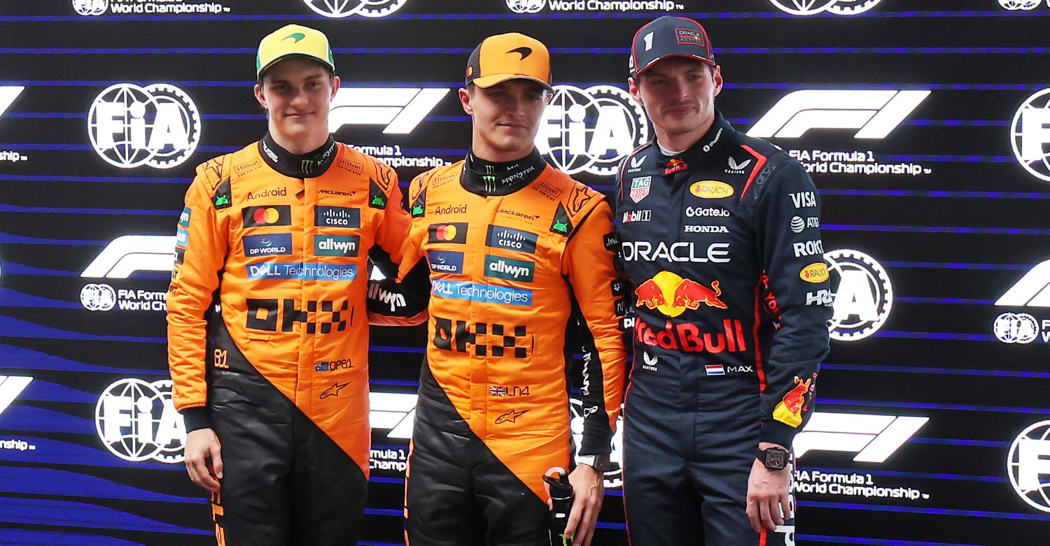 Second placed qualifier Oscar Piastri of Australia and McLaren Pole position qualifier Lando Norris of Great Britain and McLaren and 3Max Verstappen of the Netherlands and Oracle Red Bull Racing during qualifying ahead of the F1 Grand Prix of Australia at Albert Park Grand Prix Circuit on March 15, 2025 in Melbourne, Australia. (Photo by Getty Images/Getty Images for McLaren)