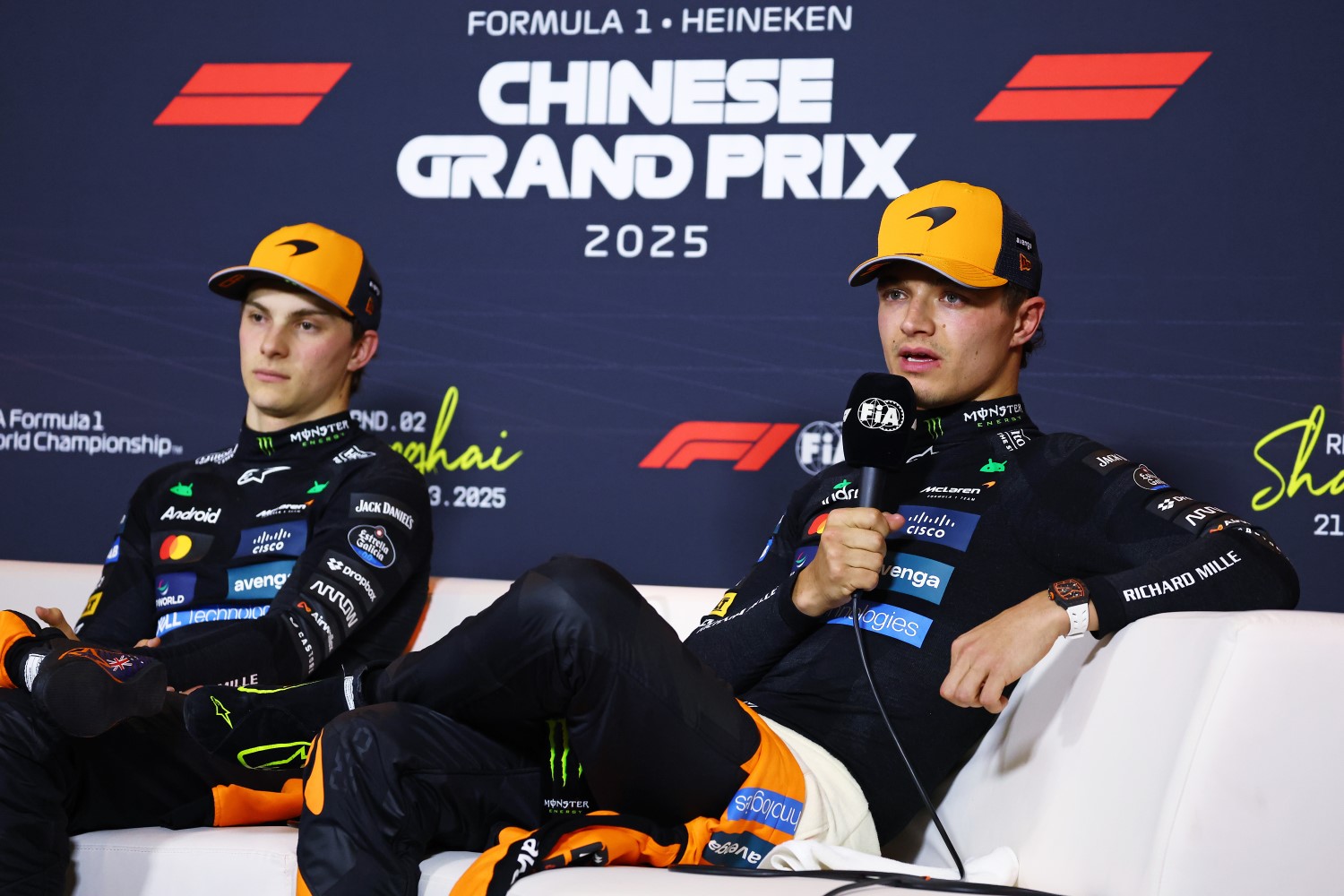 Pole position qualifier Oscar Piastri of Australia and McLaren and Third placed qualifier Lando Norris of Great Britain and McLaren in the Drivers Press Conference during qualifying ahead of the F1 Grand Prix of China at Shanghai International Circuit on March 22, 2025 in Shanghai, China. (Photo by Clive Rose/Getty Images for McLaren)