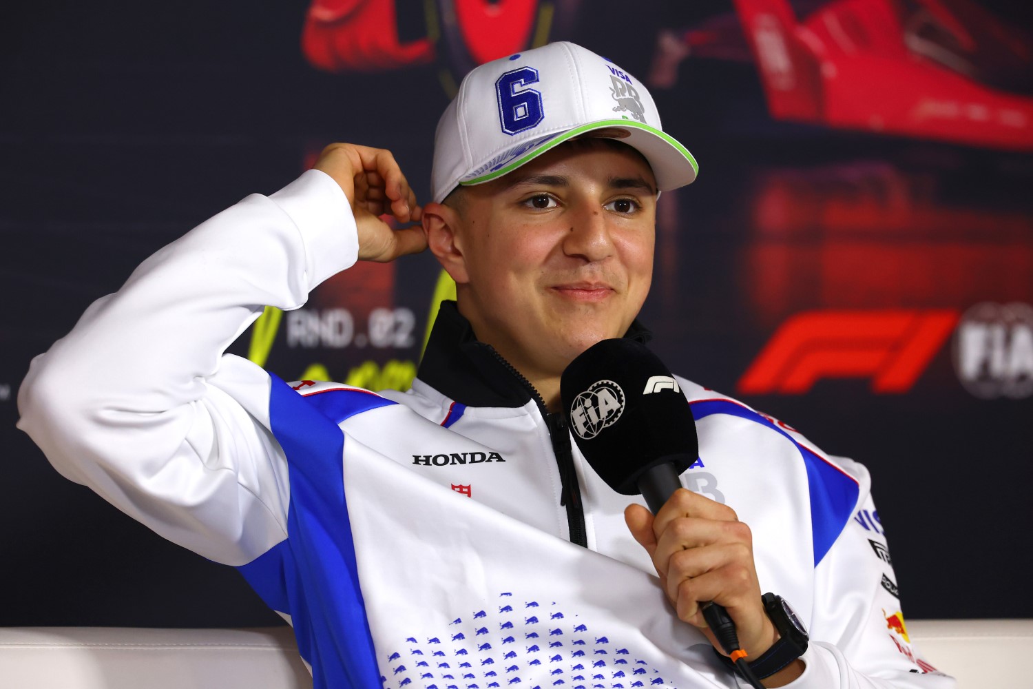 Isack Hadjar of France and Visa Cash App Racing Bulls in the Drivers Press Conference during previews ahead of the F1  Chinese GP at Shanghai International Circuit on March 20, 2025 in Shanghai, China. (Photo by Clive Rose/Getty Images) // Getty Images / Red Bull Content Pool