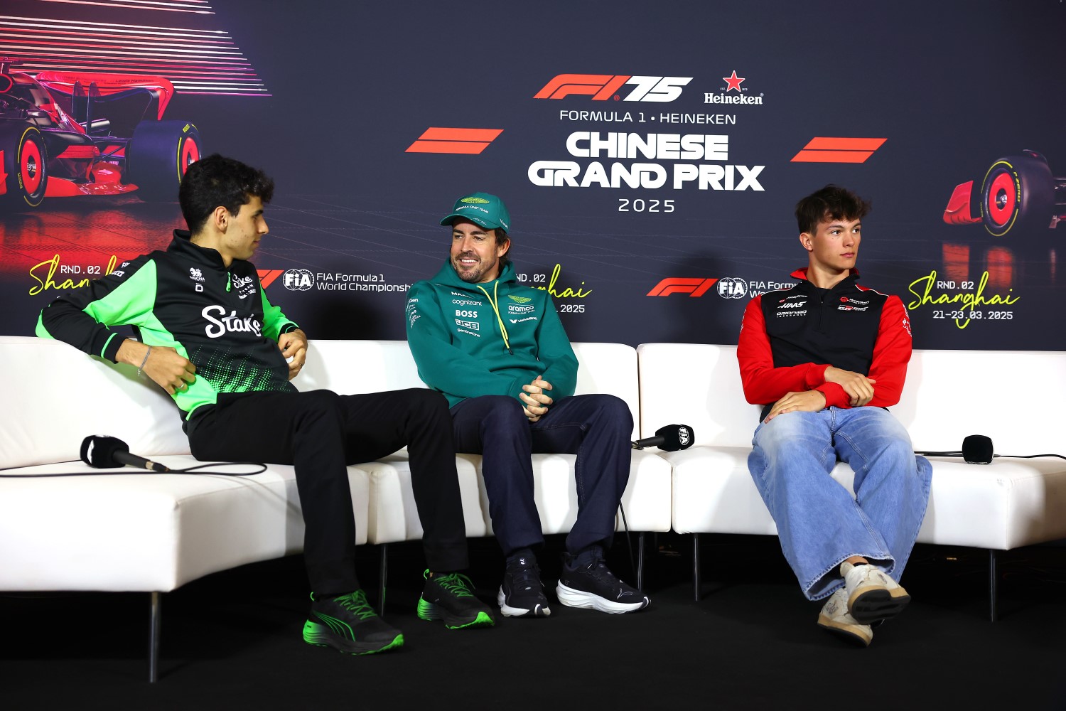 Gabriel Bortoleto of Brazil and Stake F1 Team Kick Sauber Fernando Alonso of Spain and Aston Martin F1 Team and Oliver Bearman of Great Britain and Haas F1 in the Drivers Press Conference during previews ahead of the F1 Chinese GP at Shanghai International Circuit on March 20, 2025 in Shanghai, China. (Photo by Clive Rose/Getty Images for Haas)