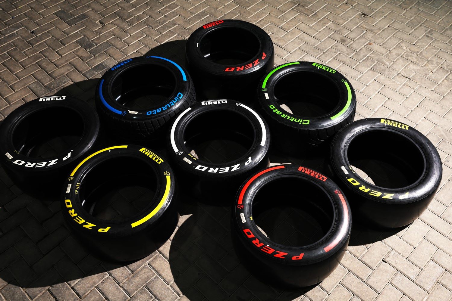 Soft, Medium, Hard, Intermediate and Wet compound Pirelli tyres on display during day two of F1 Testing at Bahrain International Circuit on February 27, 2025 in Bahrain, Bahrain. (Photo by Steven Tee/LAT Images for Pirelli)