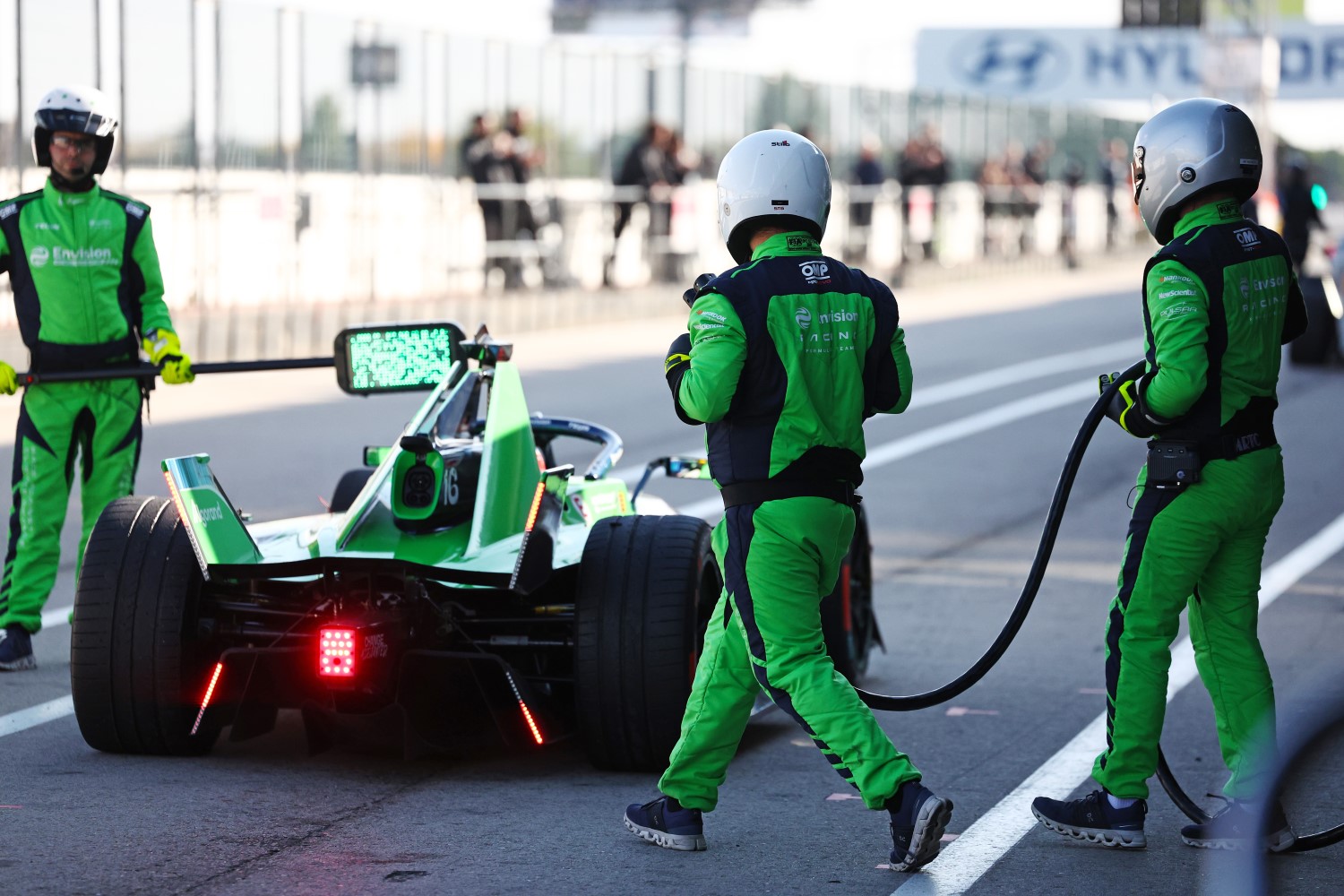 Sebastien Buemi of Switzerland driving the (16) Envision Racing Jaguar I-TYPE 7 stops in the pit lane to be Fast Charged during day three of Formula E Pre-Season Testing at Circuito del Jarama on November 07, 2024 in Madrid, Spain. (Photo by Alastair Staley/LAT Images/Supplied by Formula E)