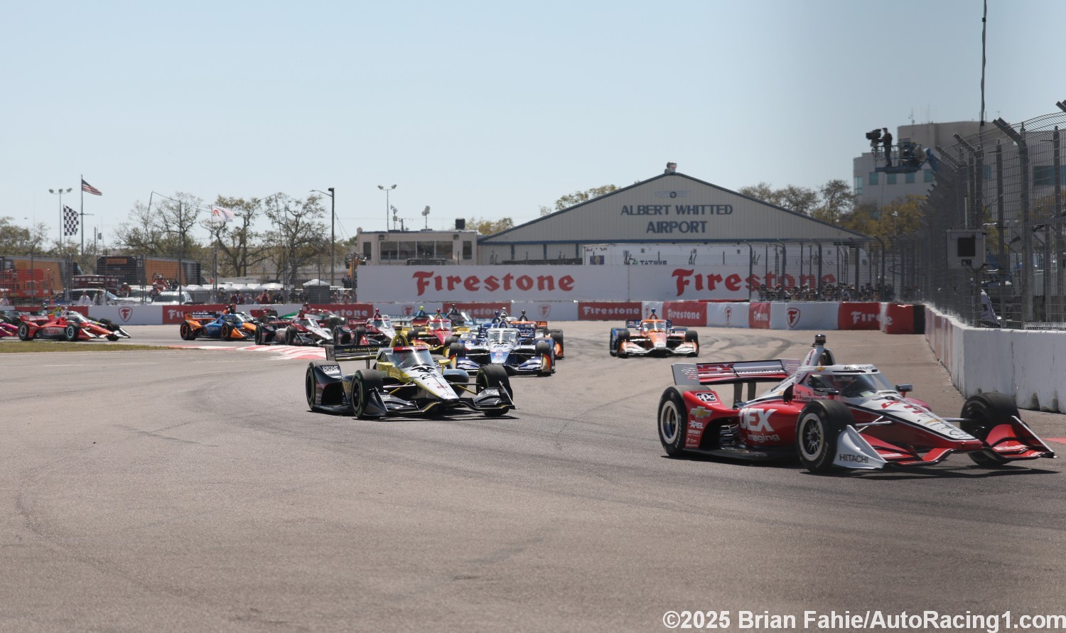 Start of the race - Scott McLaughlin leads Colton Herta. 2025 St. Petersburg GP IndyCar race. Photo by Brian Fahie/AutoRacing1.com