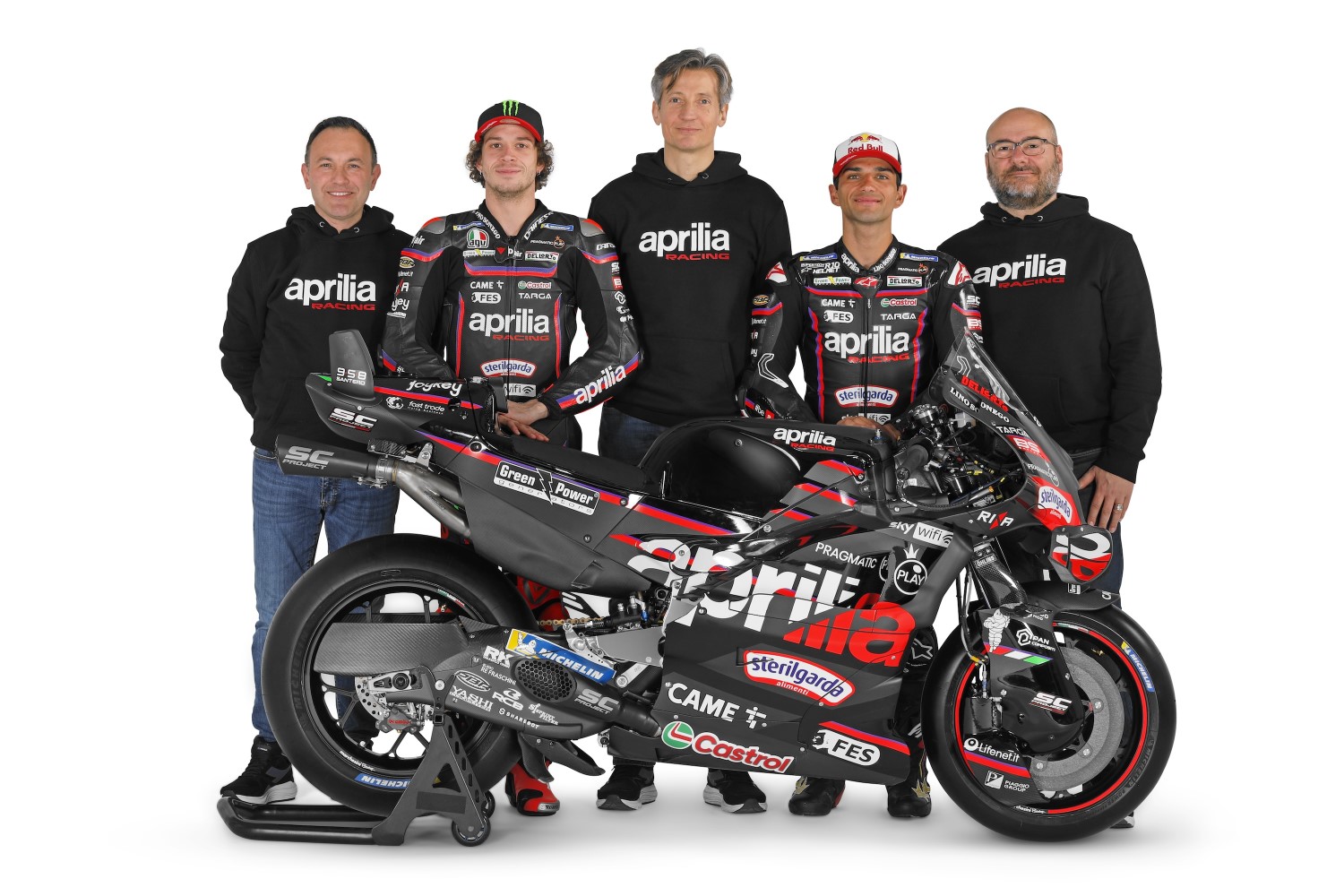 2025 Aprilia MotoGP riders Marco Bezzecchi and Jorge Martin, with Fabiano Sterlacchini and Massimo Rivola