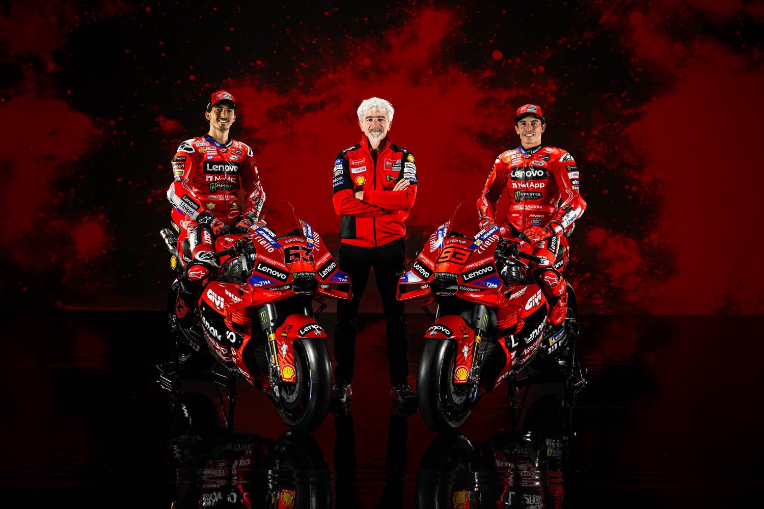 Francesco Bagnaia, Luigi 'Gigi' Dall'Igna and Marc Marquez