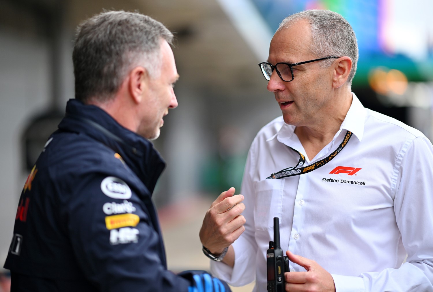 Oracle Red Bull Racing Team Principal Christian Horner and Stefano Domenicali, CEO of the Formula One Group, talk in the Paddock prior to the F1 Grand Prix of Spain at Circuit de Barcelona-Catalunya on June 23, 2024 in Barcelona, Spain. (Photo by Rudy Carezzevoli/Getty Images) // Getty Images / Red Bull Content Poo