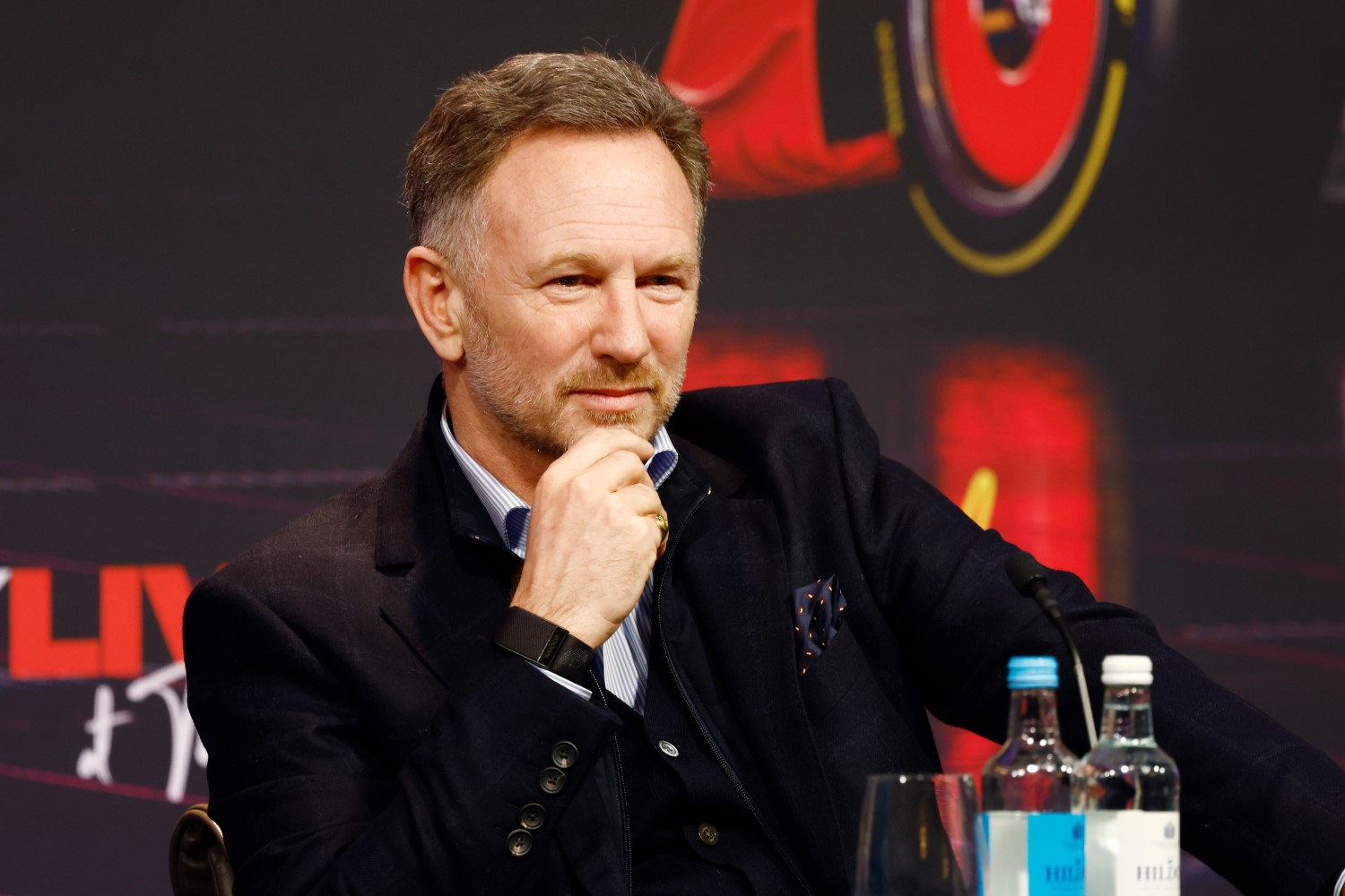 Christian Horner, Team Principal of Oracle Red Bull Racing looks on during a press conference prior to F1 75 Live at InterContinental London O2 on February 18, 2025 in London, England. (Photo by Zak Mauger/Getty Images) // Getty Images / Red Bull Content Pool