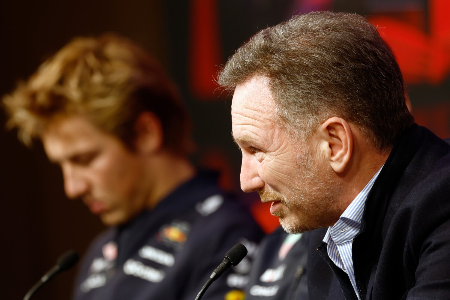 Christian Horner, Team Principal of Oracle Red Bull Racing talks to the media during a press conference prior to F1 75 Live at InterContinental London O2 on February 18, 2025 in London, England. (Photo by Zak Mauger/Getty Images) // Getty Images / Red Bull Content Pool 