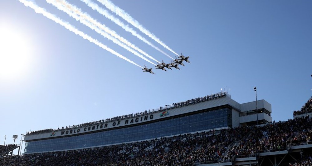 The U.S. Air Force Thunderbirds perform a flyover prior to the NASCAR Cup Series Daytona 500 at Daytona International Speedway on February 19, 2024 in Daytona Beach, Florida. (Photo by James Gilbert/Getty Images for NASCAR)