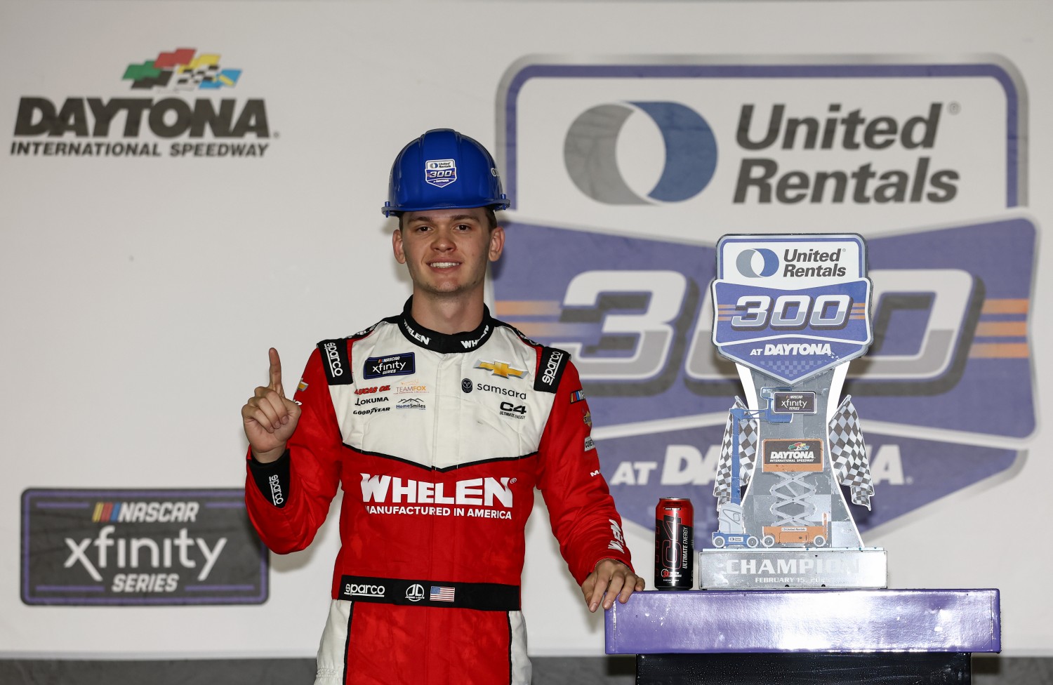 Jesse Love, driver of the #2 Whelen Chevrolet celebrates in victory lane after winning the NASCAR Xfinity Series United Rentals 300 at Daytona International Speedway on February 15, 2025 in Daytona Beach, Florida. (Photo by Chris Graythen/Getty Images)