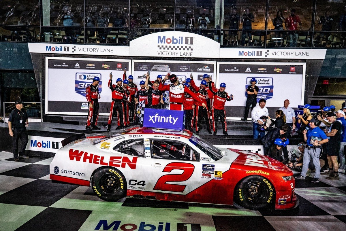 RCR driver Jesse Love celebrates in victory lane after winning the 2025 NASCAR Xfinity race at Daytona. Photo supplied by Richard Childress Racing