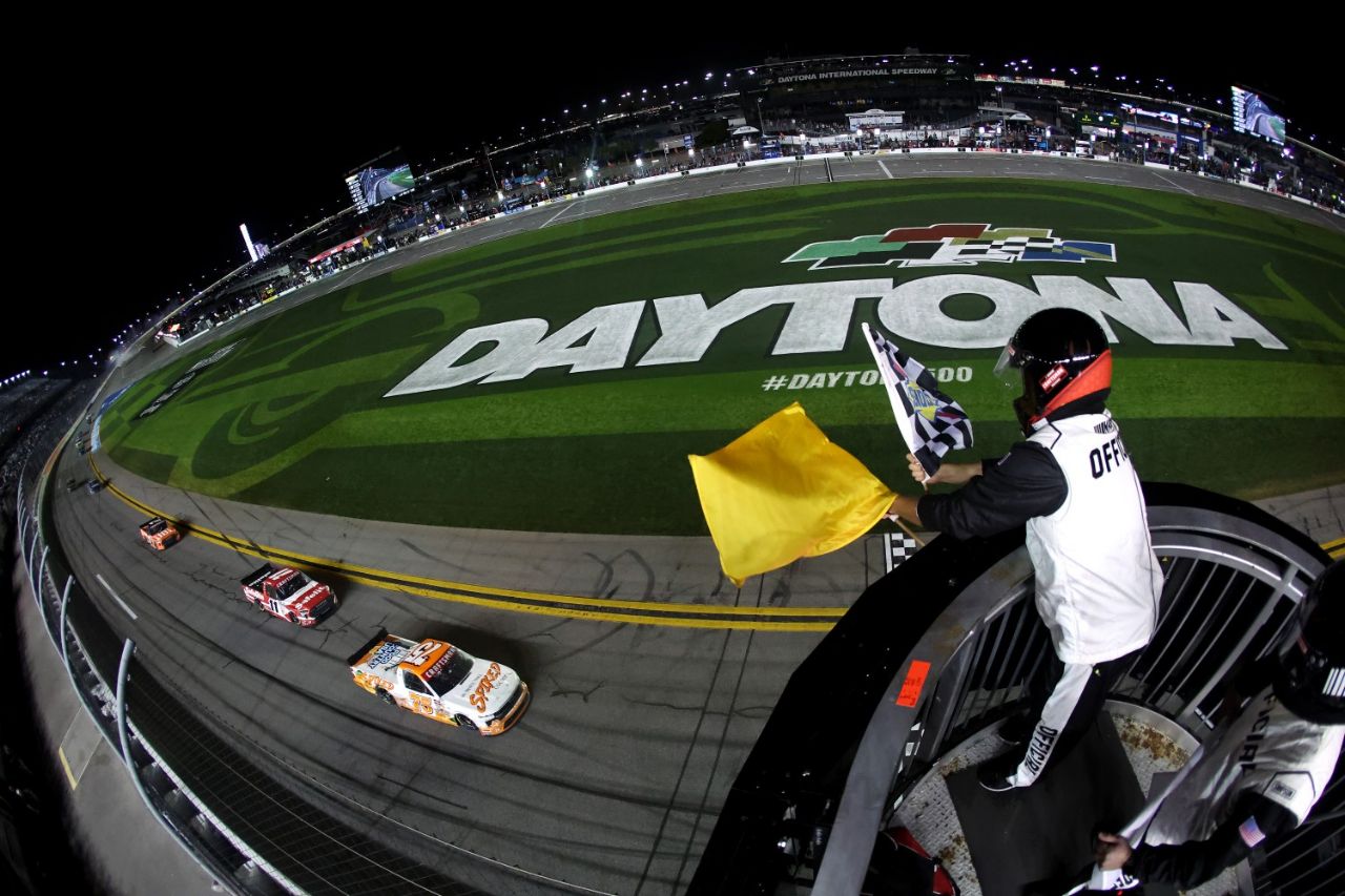 Parker Kligerman, driver of the #75 Spiked Coolers Chevrolet takes the checkered flag under caution to win the NASCAR Craftsman Truck Series Fresh from Florida 250 at Daytona International Speedway on February 14, 2025 in Daytona Beach, Florida. (Photo by James Gilbert/Getty Images)