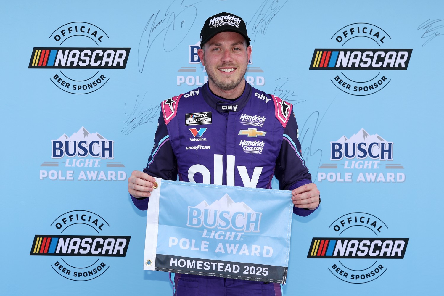 Alex Bowman, driver of the #48 Ally Unrivaled League Chevrolet, poses for photos after winning the pole award during qualifying for the NASCAR Cup Series Straight Talk Wireless 400 at Homestead-Miami Speedway on March 22, 2025 in Homestead, Florida. (Photo by James Gilbert/Getty Images for NASCAR)