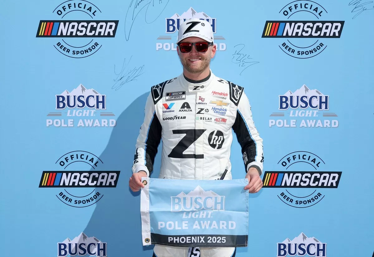 William Byron, driver of the #24 Z by HP Chevrolet, poses for photos after winning the pole award during qualifying for the NASCAR Cup Series Shriners Children's 500 at Phoenix Raceway on March 08, 2025 in Avondale, Arizona. (Photo by Chris Graythen/Getty Images for NASCAR)