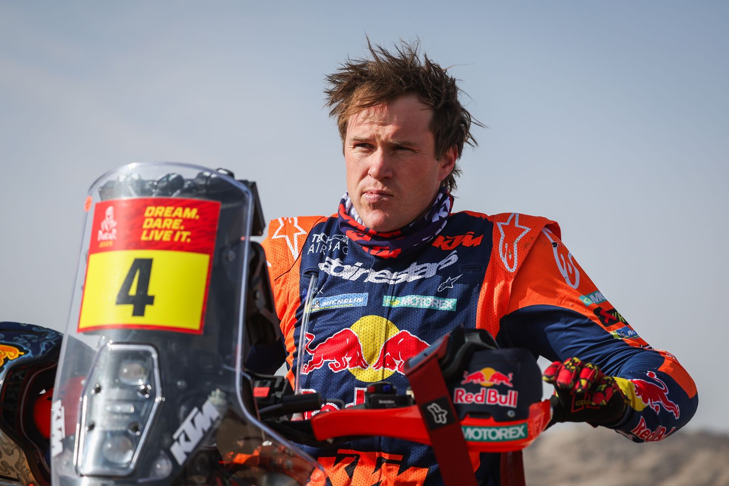 #4 SANDERS Daniel (aus), KTM, Red Bull KTM Factory Racing, FIM W2RC, RallyGP, portrait at the Dakar 2025 on January 3, 2025 around Bisha, Saudi Arabia. Photo Supplied ASO/A.Vincent/DPPI