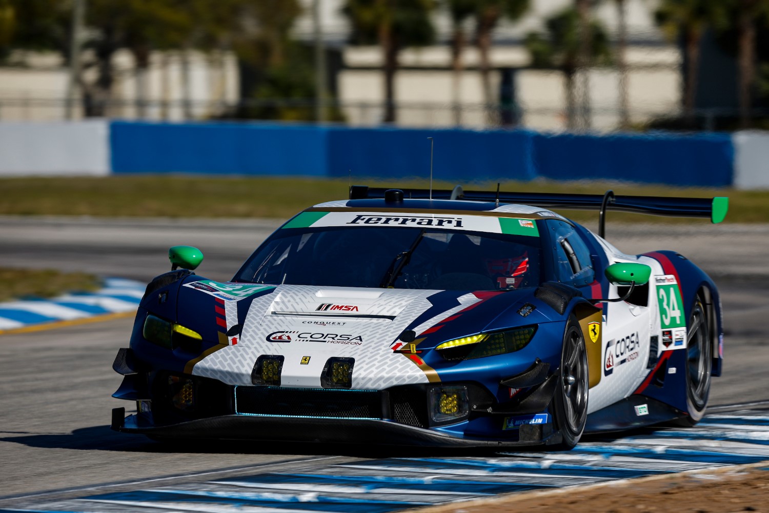 #34: Conquest Racing, Ferrari 296 GT3, GTD: Manny Franco, Daniel Serra, Cedric Sbirrazzuoli at Sebring. LAT Photo for IMSA