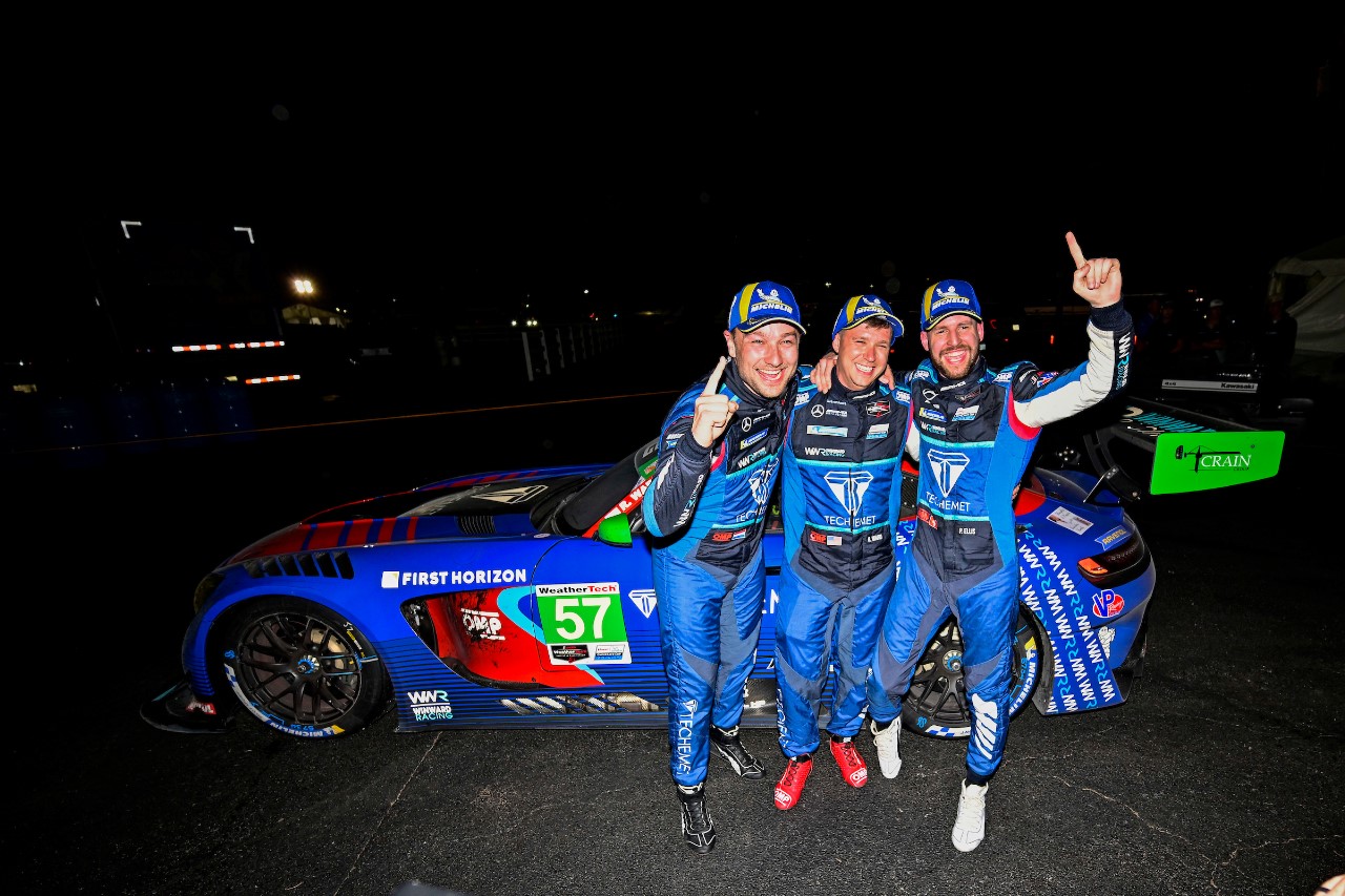 #57: Winward Racing, Mercedes AMG GT3, GTD: Russell Ward, Philip Ellis, Indy Dontje celebrate in victory lane at Sebring. LAT image for IMSA