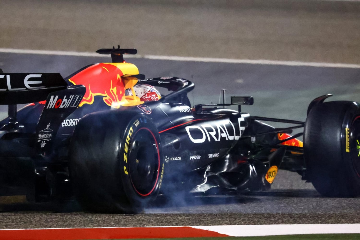 Oracle Red Bull Racing Driver Max Verstappen locks a wheel. Image Supplied