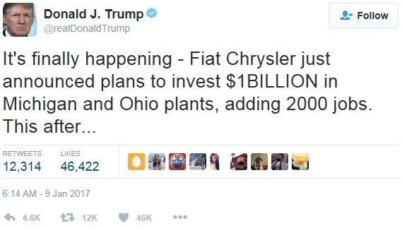 Because of Trump Fiat Chrysler Announces Plans to Invest $1 Billion in the U.S. (Update)