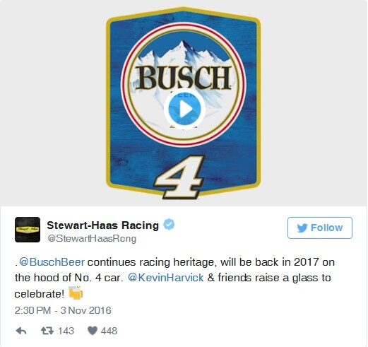 Busch Beer extends partnership with Kevin Harvick, Stewart-Haas Racing