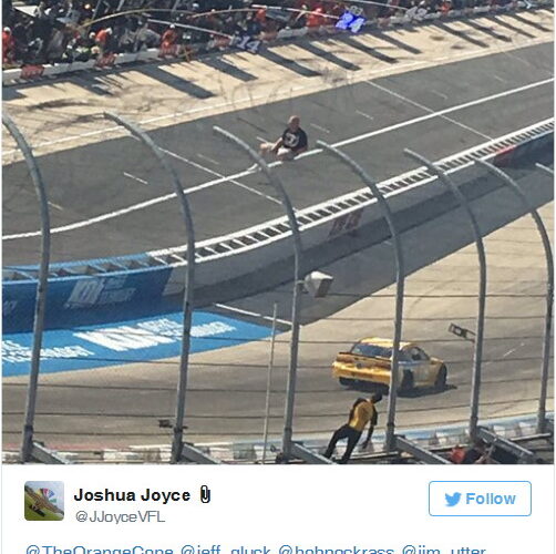 Drunken Bubba climbs fence above active raceway at Dover (Update)