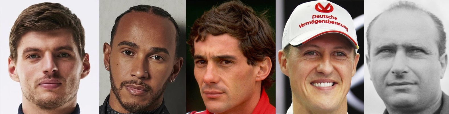 From left, Max Verstappen, Lewis Hamilton, Ayrton Senna, Michael Schumacher and Juan Fangio